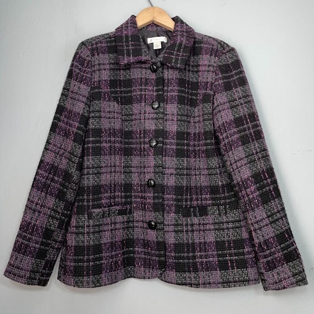 Dark Academia Womens Size Medium Purple Black Tweed Jacket Blazer Countryside